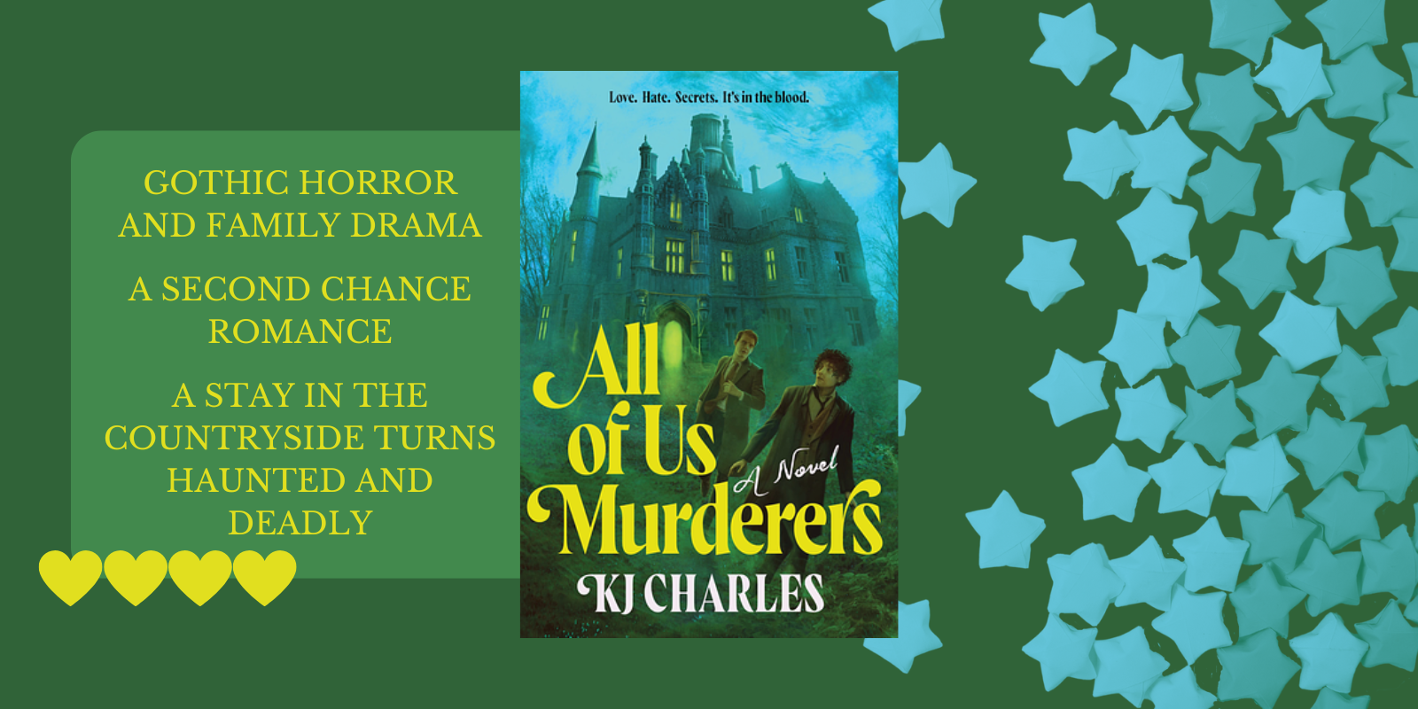 Thumbnail graphic for the book 'All of Us Murderers' by KJ Charles. The text summarizes the book's themes: 'Gothic Horror and Family Drama,' 'A Second Chance Romance,' and 'A Stay in the Countryside Turns Haunted and Deadly.' The review rating is displayed as four yellow hearts.